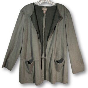 Chico's Open Front Cardigan Jacket Size 2 L Faux Suede 3/4 Sleeve Gray Elegant
